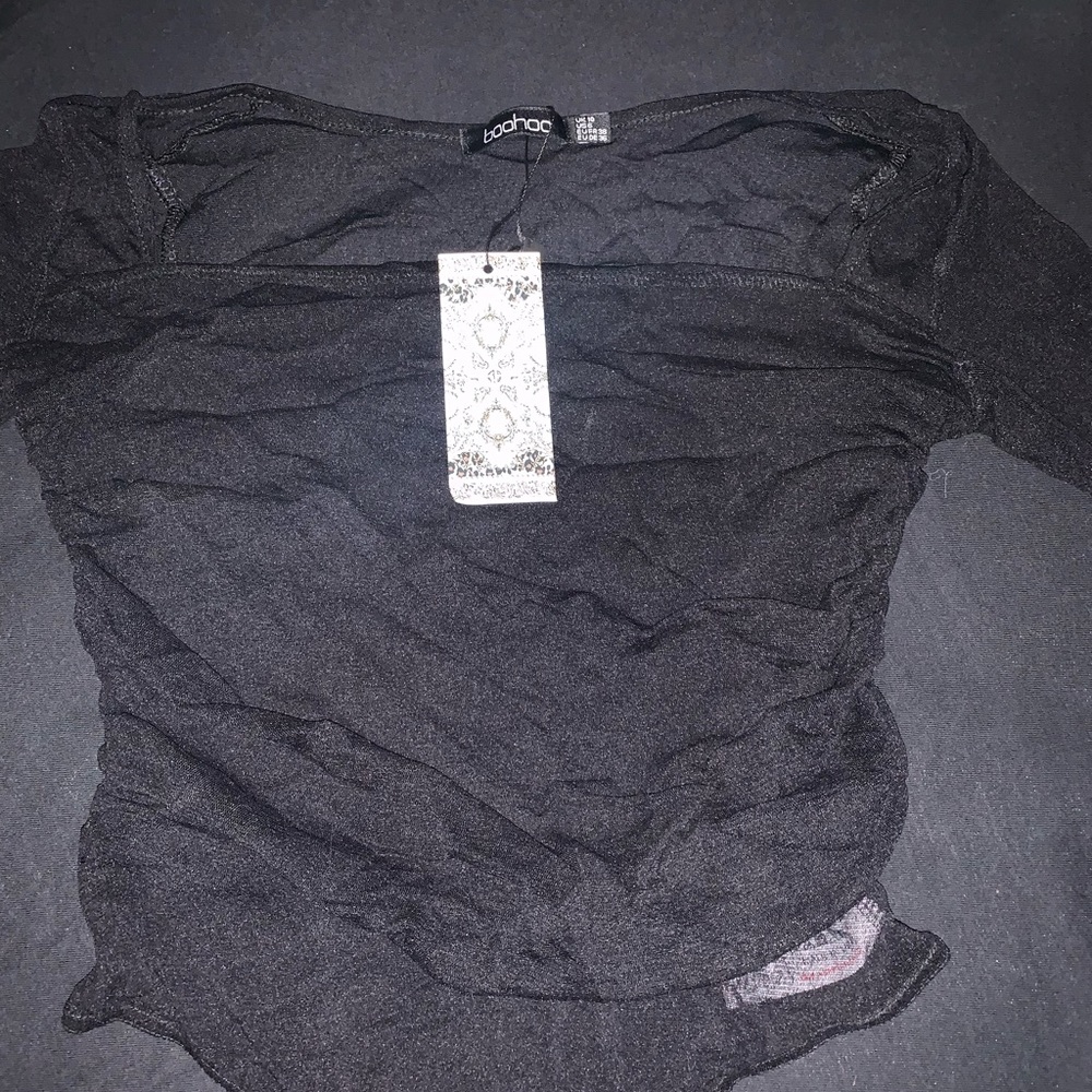 BLACK LONG SLEEVE SQUARE NECK RUCHED MESH BODYSUIT